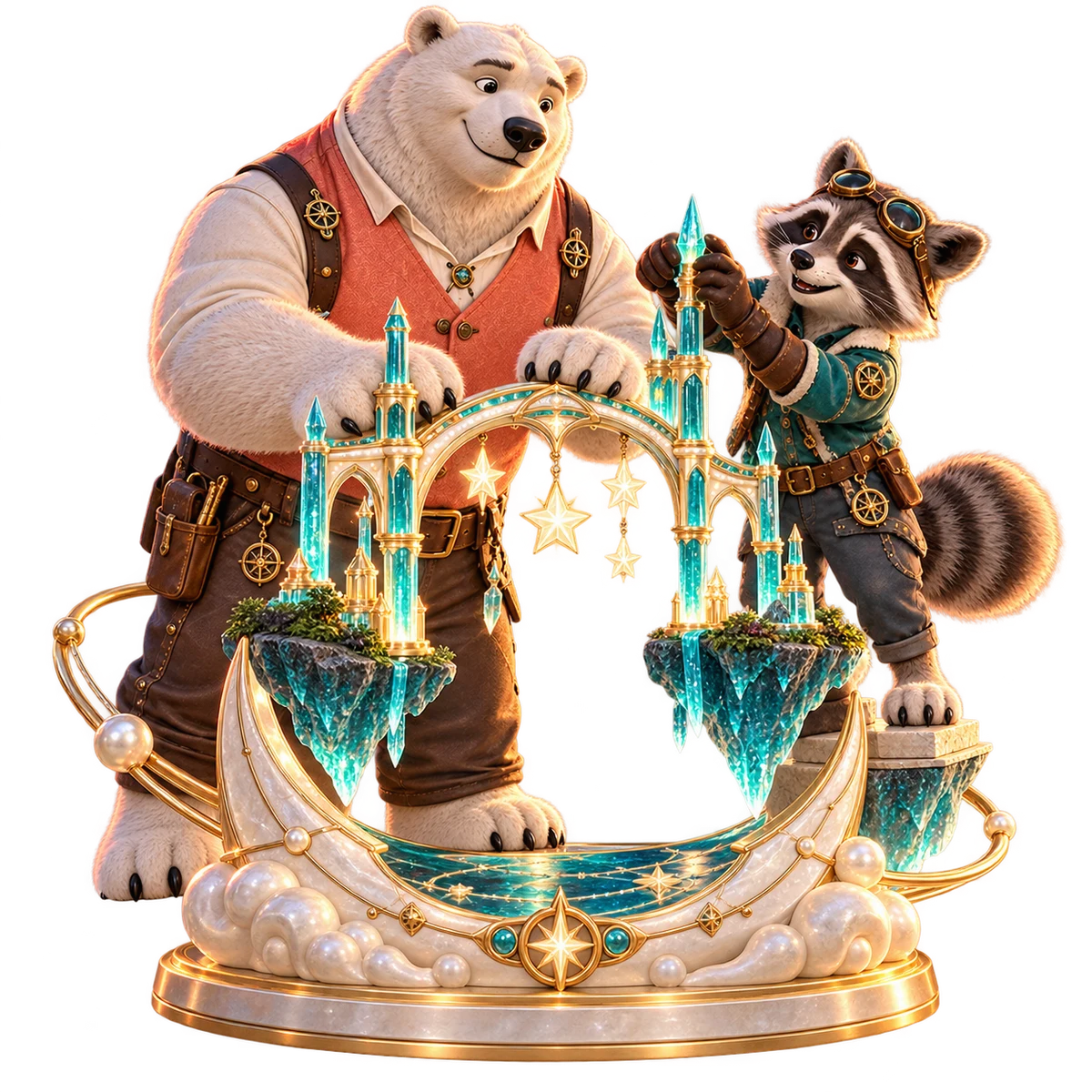 Zannoran's polar bear and raccoon assembling a glowing turquoise miniature skybridge
