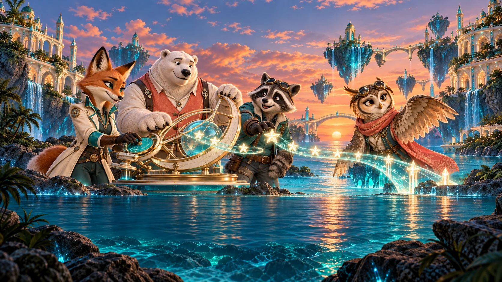 Four 3D heroes — a fox, polar bear, raccoon and owl — build a luminous play-token skyway above a turquoise lagoon