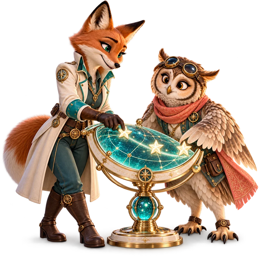 Zannoran's fox navigator and owl astronomer tracing a fictional star-token route